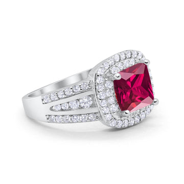 Halo Art Deco Wedding Ring Princess Cut Round Simulated Ruby CZ 925 Sterling Silver